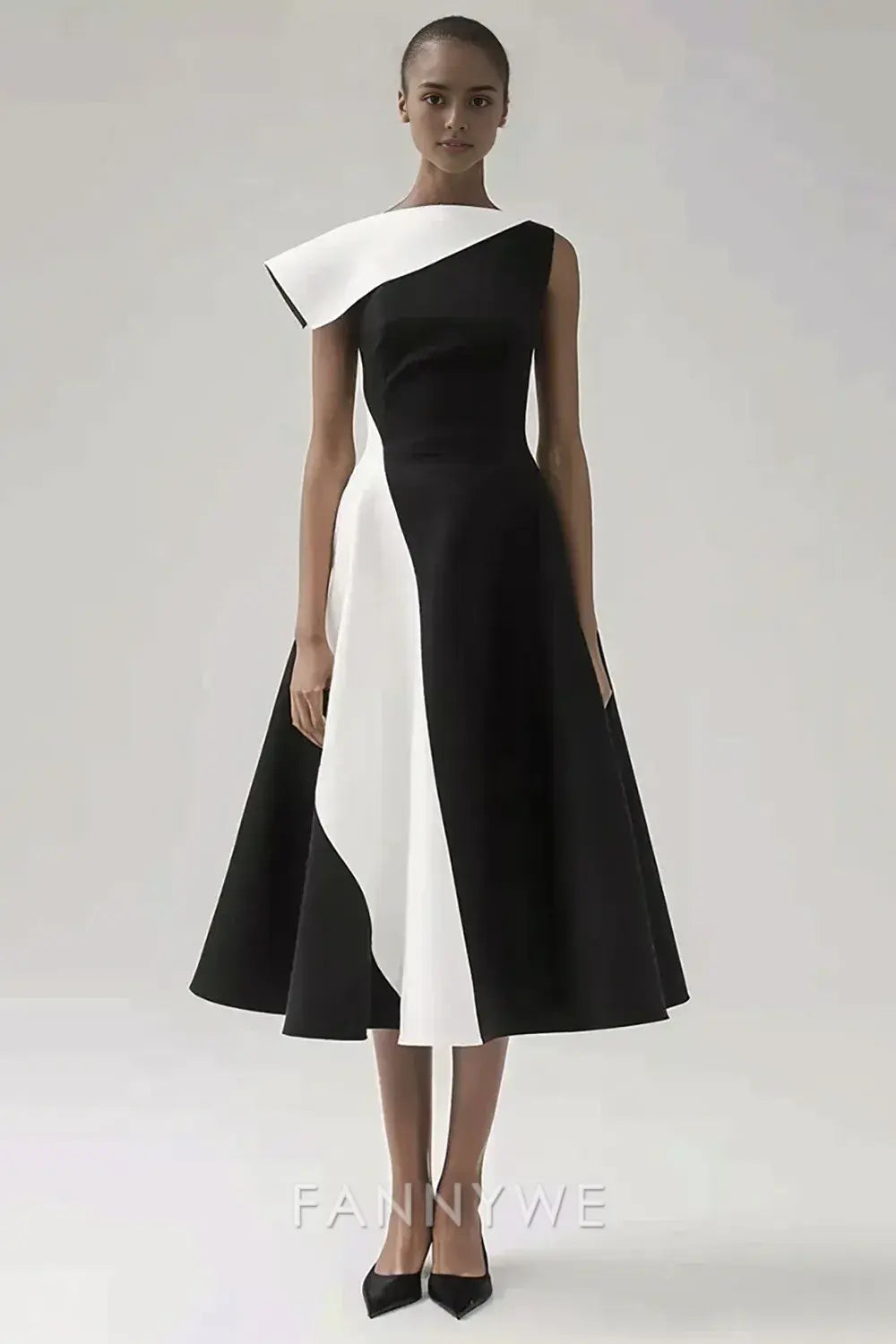 FannyWe Simple Black and White Patchwork A Line Asymmetrical Neck Black Tie Dress